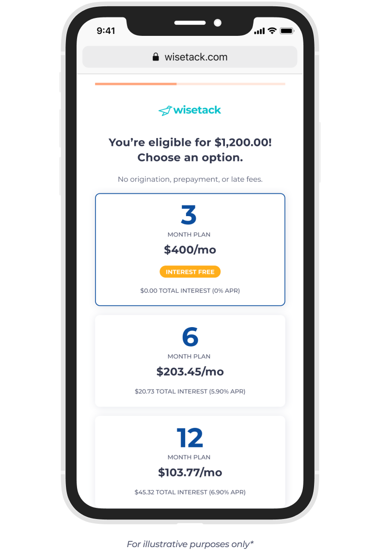 Wisetack 3-month 0% financing example